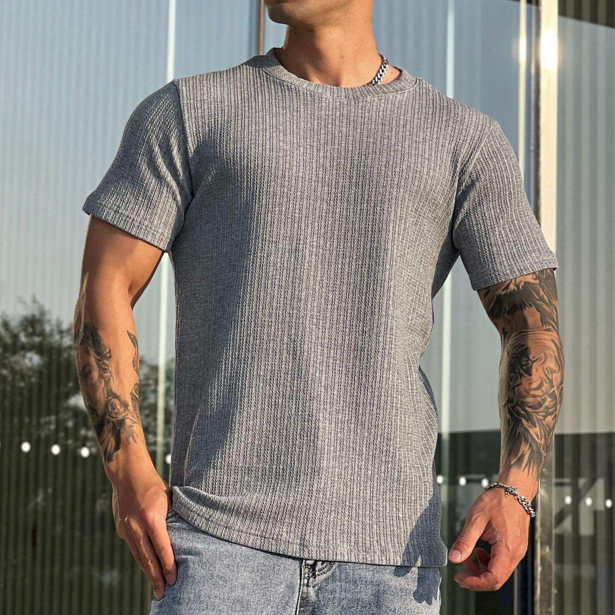 A1. Simplicity All-matching Slim Fit Breathable Stretch Sports Fitness Round Neck Short Sleeve T-Shirt