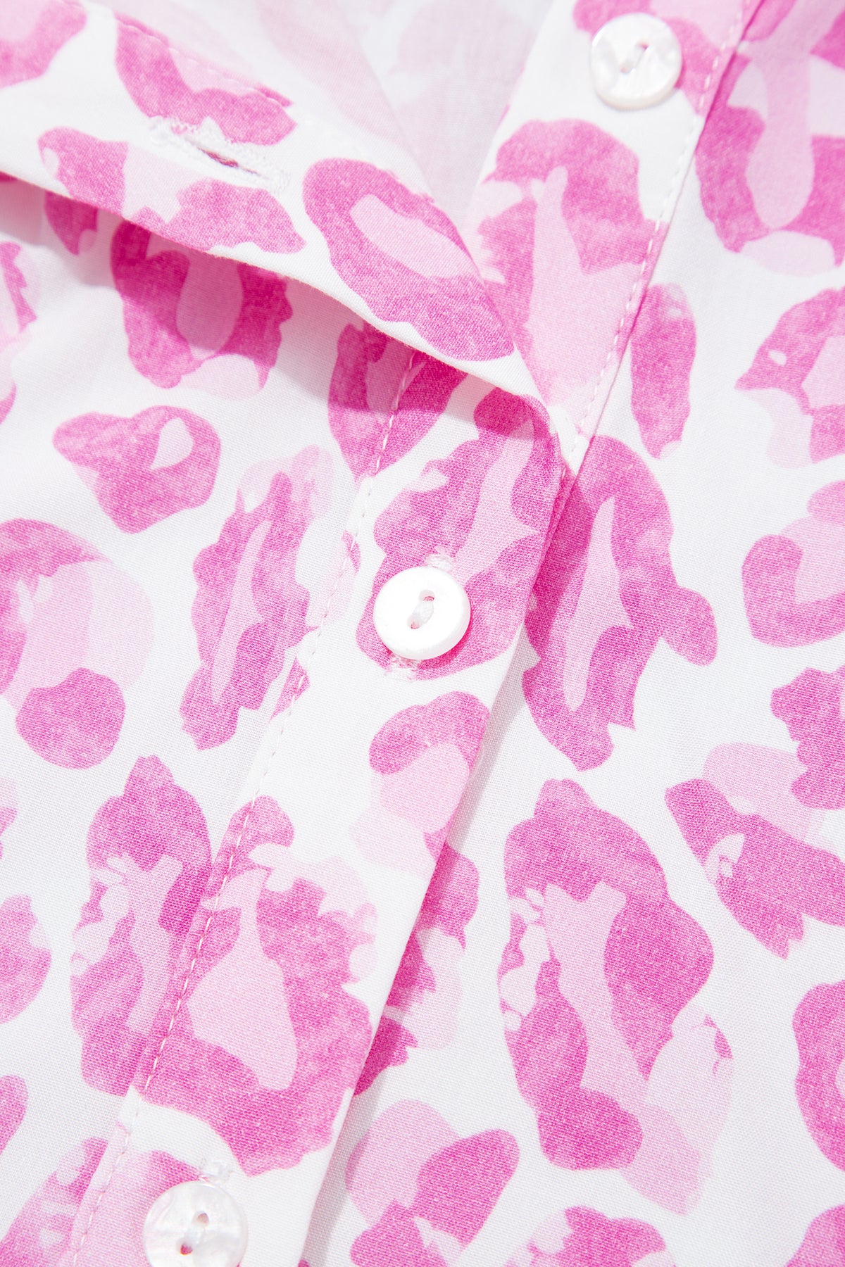 Pink Abstract Leopard Print Tie Waist Puff Sleeve Mini Shirt Dress