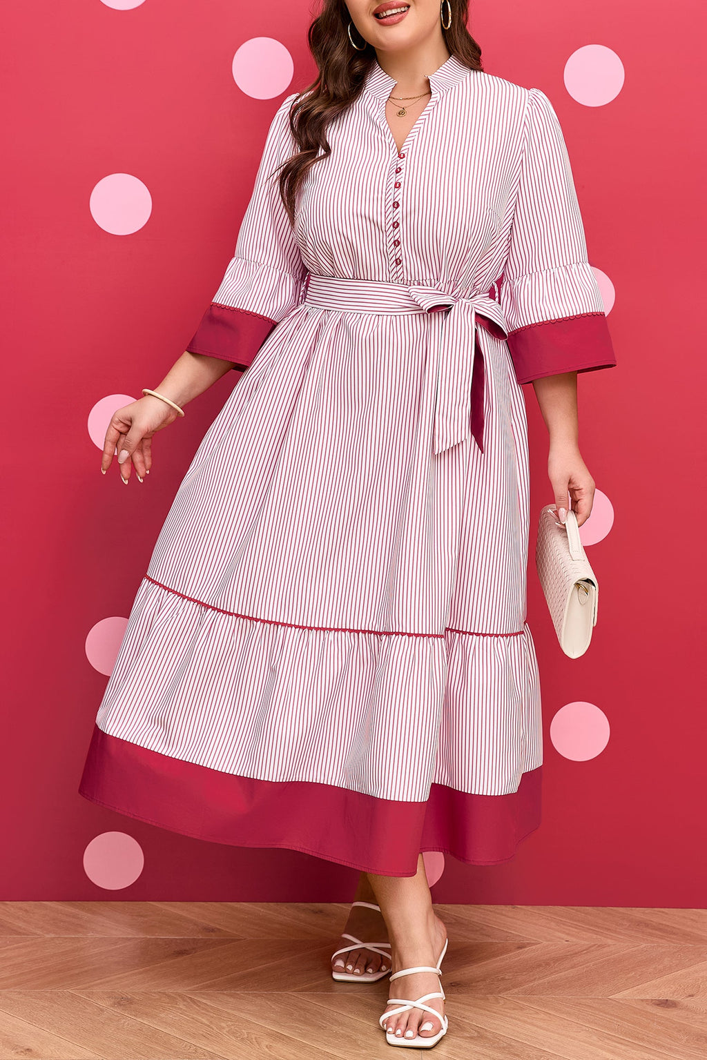 Red Stripe Plus Size Ruffled Hem Pinstriped Midi Dress
