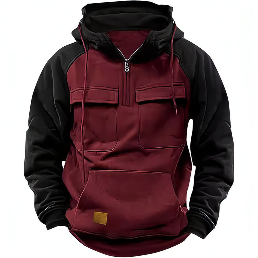 Men's Contrast Color Workwear Hoodie – Fall/Winter Streetwear Style