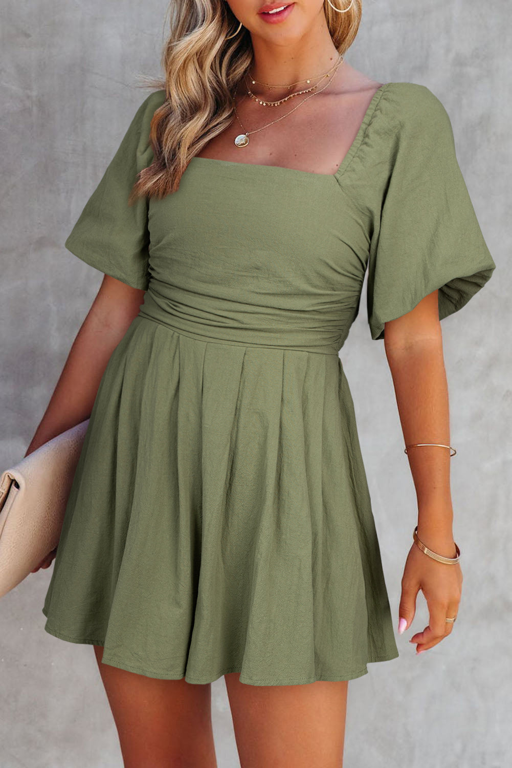 Valerian Square Neck Ruched Puff Sleeve Romper