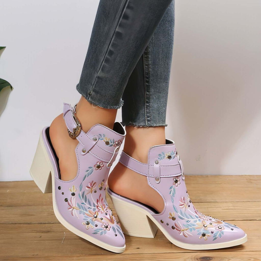 Personalized Retro Embroidery Rivet High Heels Chunky Heel