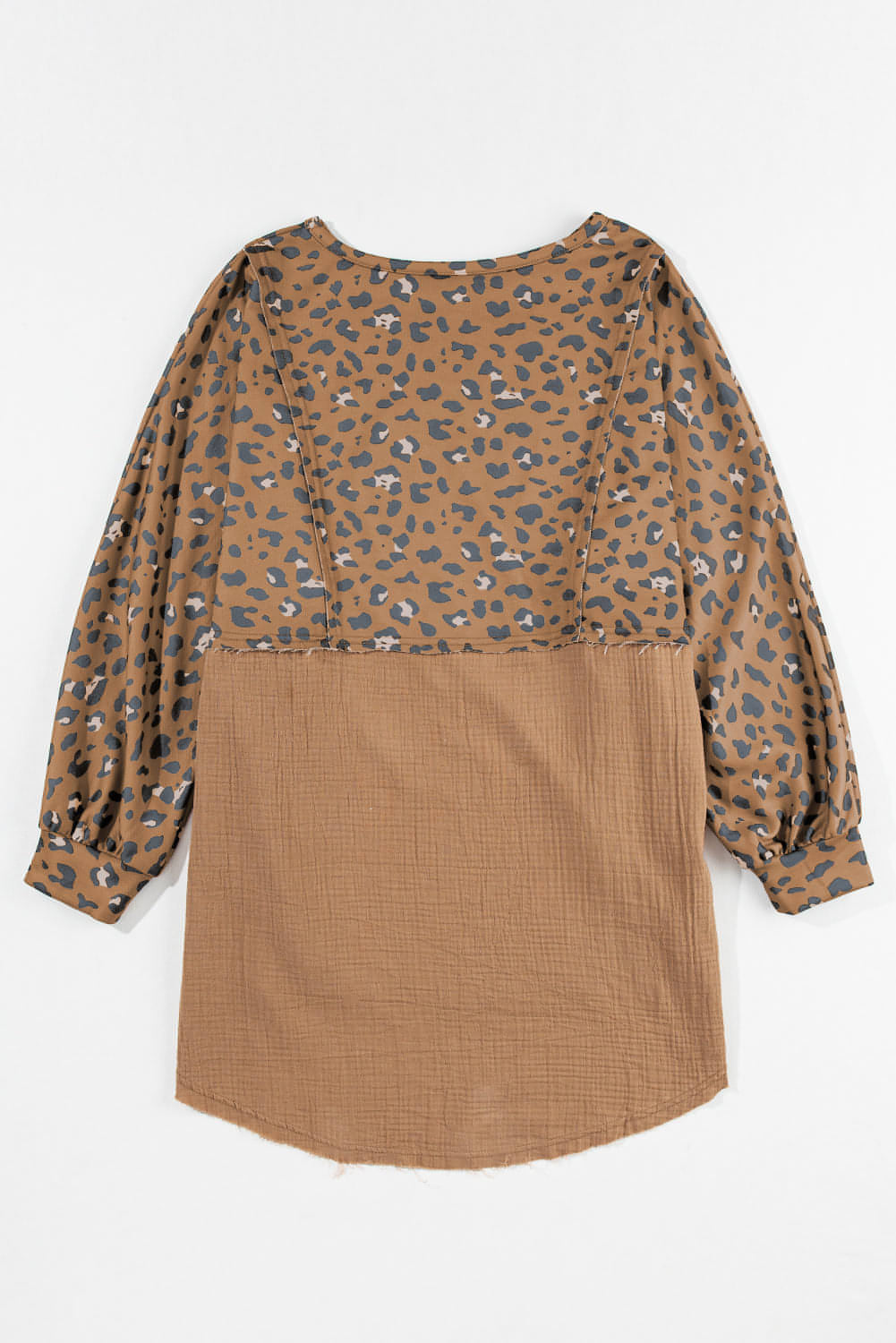 Bruin bedrukte ruwe rand luipaard patchwork oversized blouse