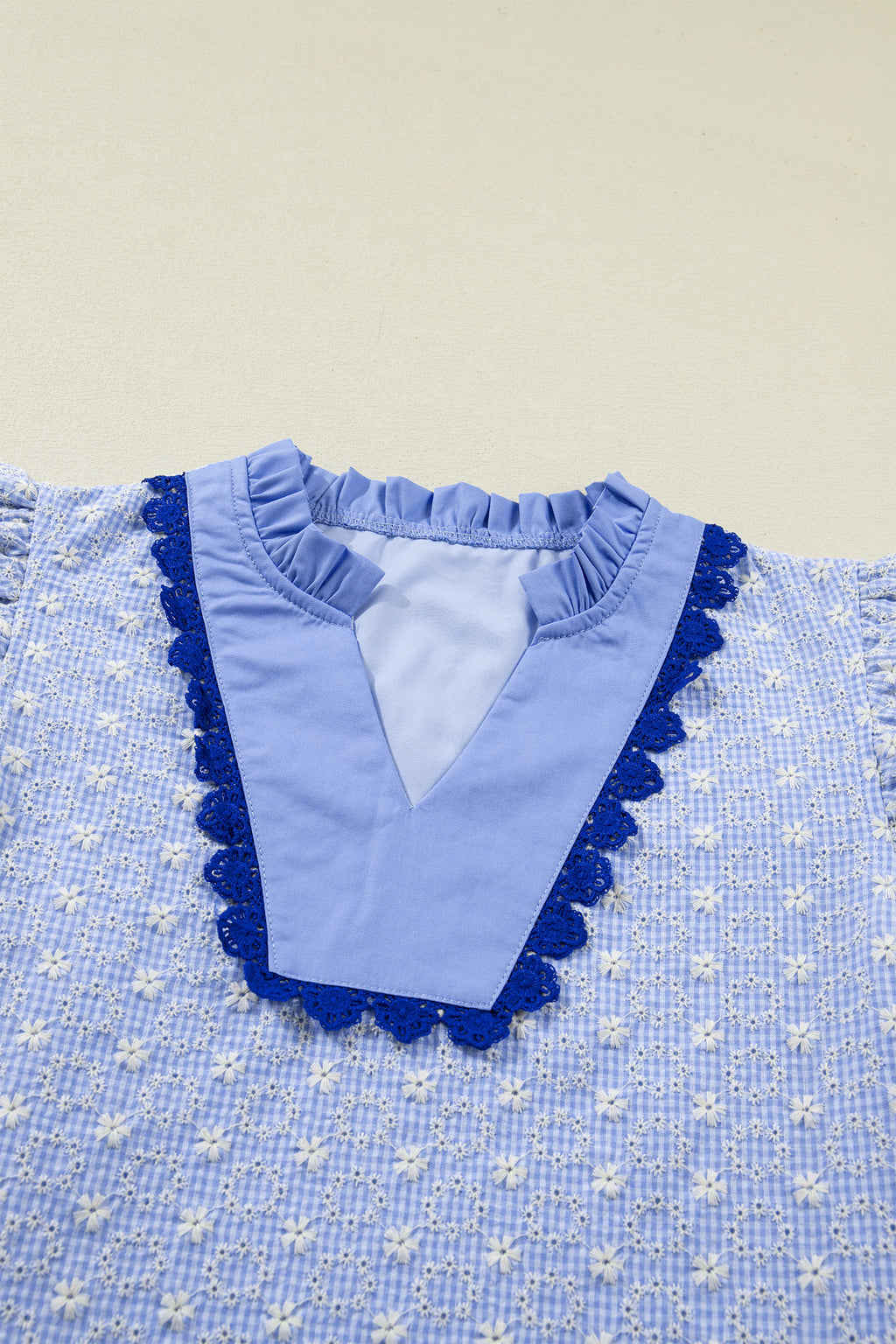 Beau Blue Eyelet Embroidered Flower Texture Contrast Lace Trim Flutter Sleeve Blouse