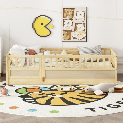 MontessoriPlay™ – Twin Size Wooden Floor Bed with Safety Rails & Door (US Warehouse)