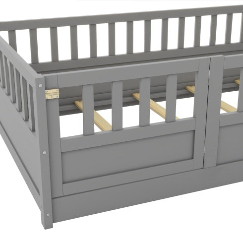 MontessoriPlay™ – Twin Size Wooden Floor Bed with Safety Rails & Door (US Warehouse)