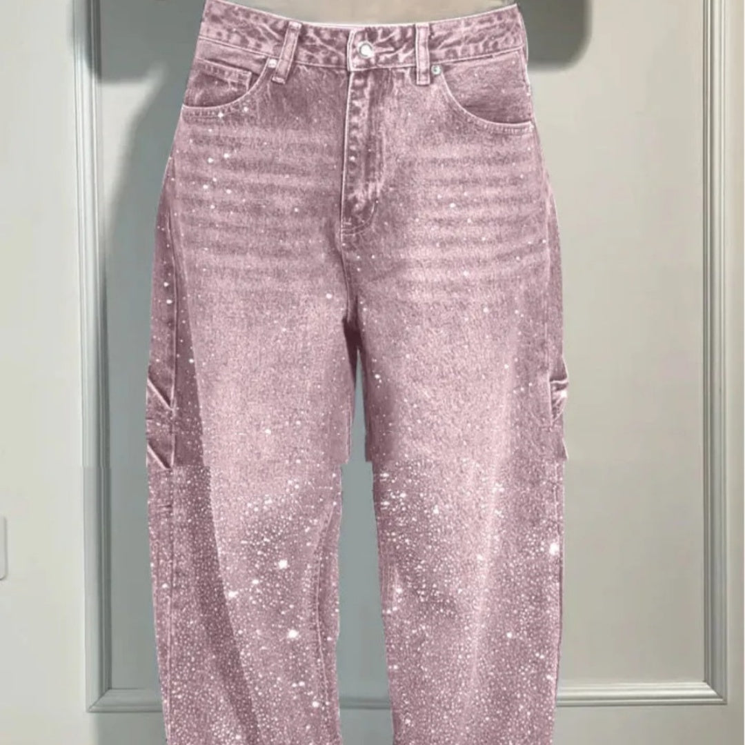 Shiny Straight-Leg Glitter Jeans with Pockets – Wide Leg Pants for Women
