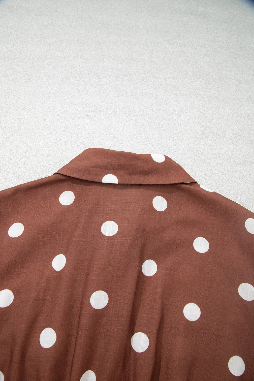 Brown Polka Dot V Neck Abdomen Pocket Gathered Cuffs Long Sleeve Shift Plus Size Dress