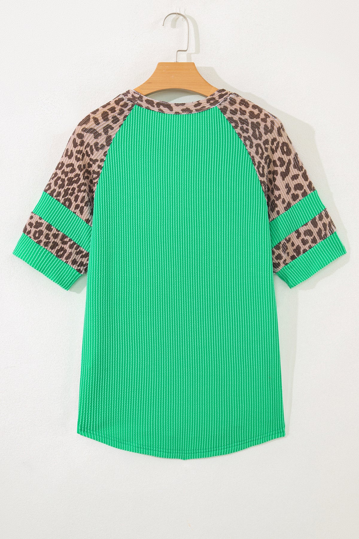 Green Corded Rib Leopard Color Block Patchwork Tunic Tee