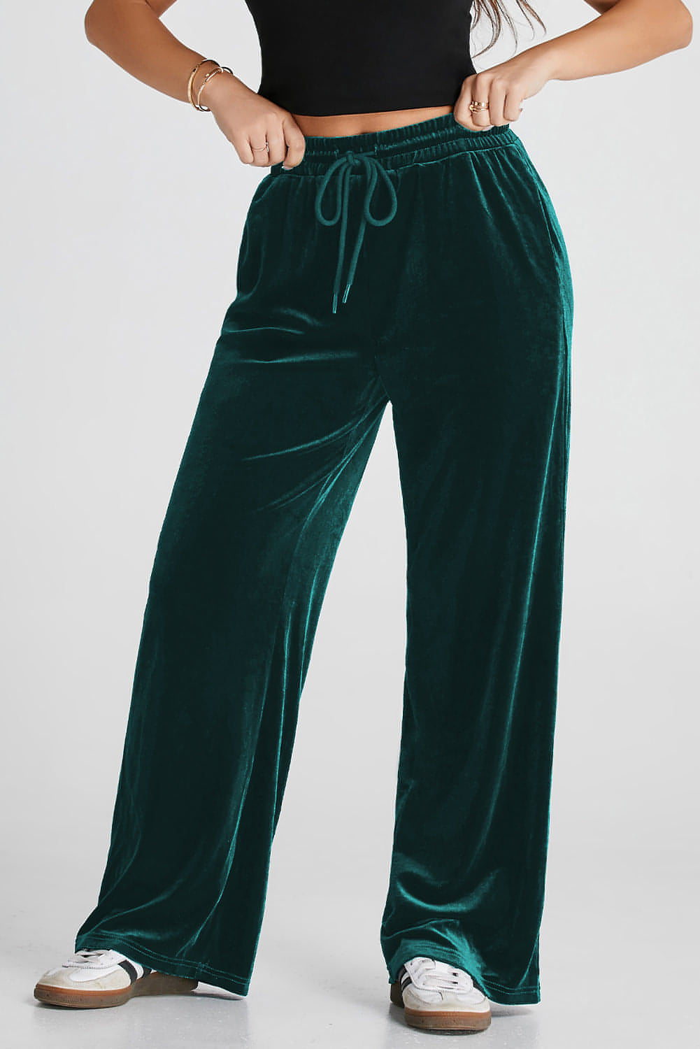 Calça de perna larga de cordão sólida e sempre verde