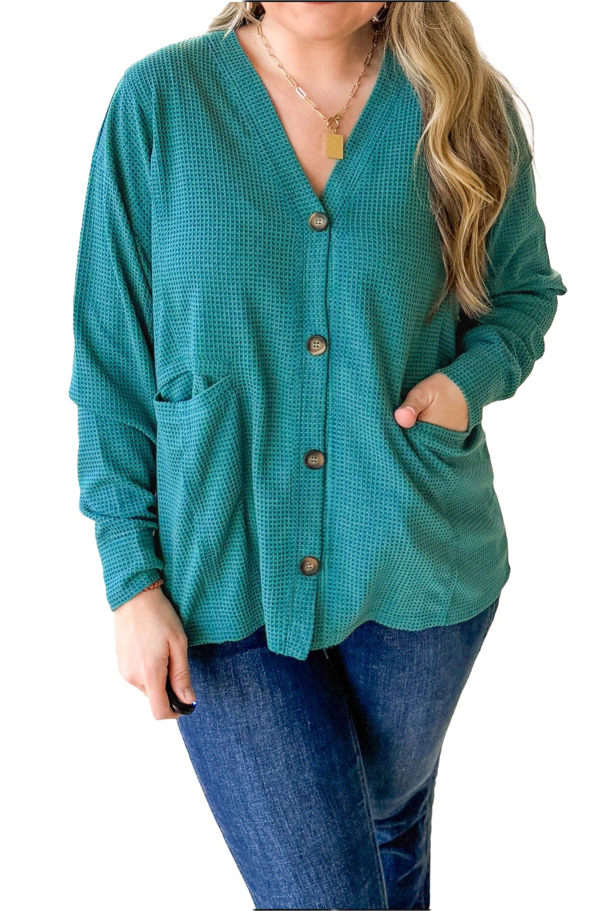 Lapis V Neck Waffle Textured Button Front Tunic Long Sleeve Plus Size Cardigan