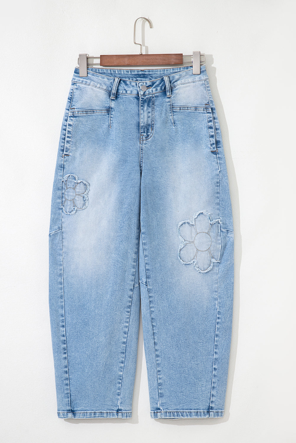 Beau Blue Flower Patched Light Wash Cropped High Waist Barrel Jeans