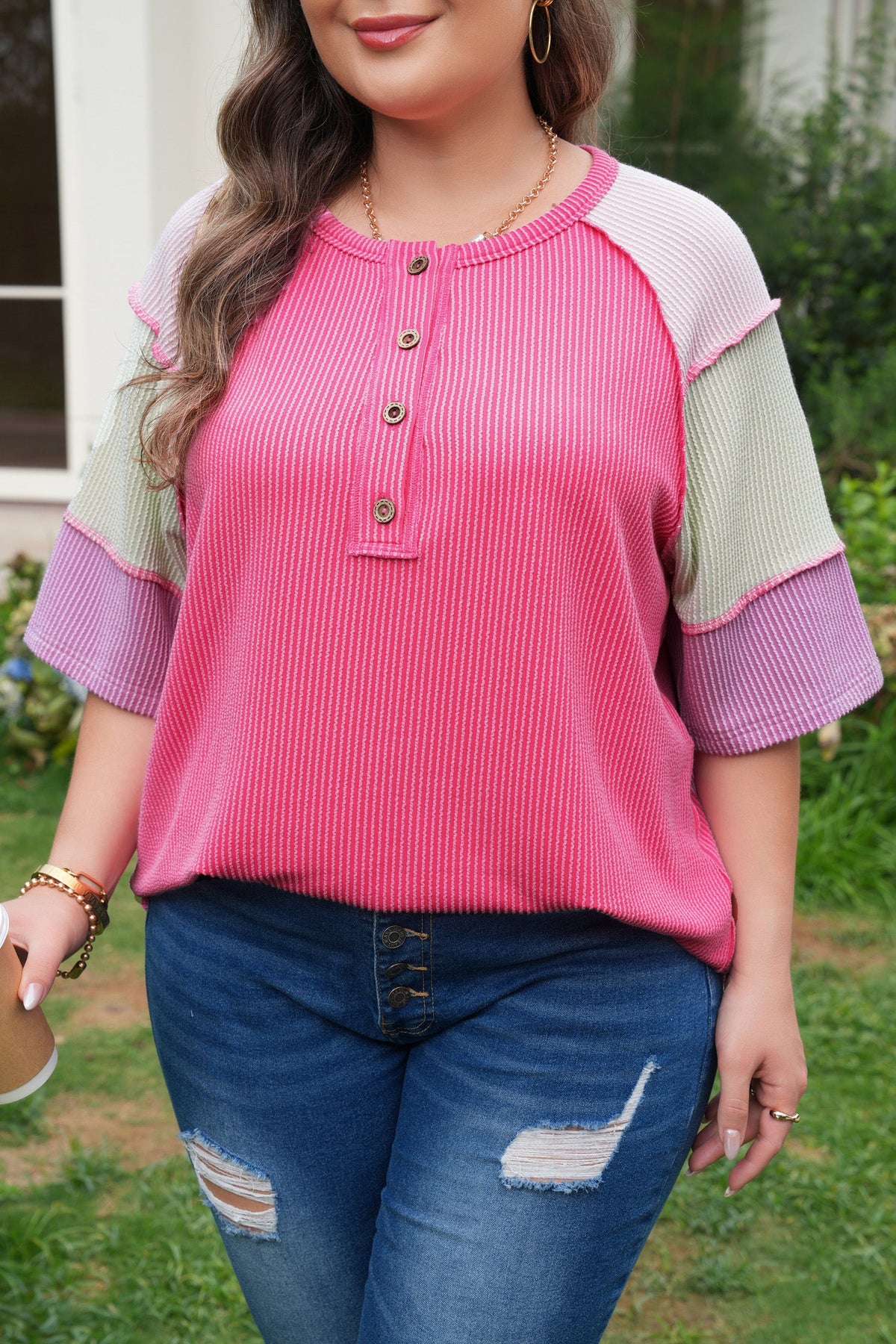 Bright Pink Plus Size Twisted Rib Color Block Patchwork Short Sleeve Henley Top