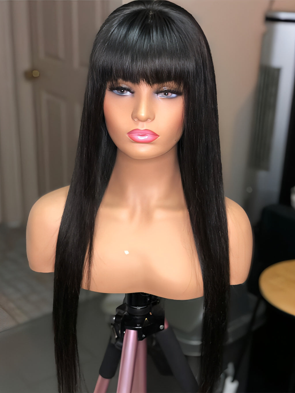 LuxeWaves Brazilian Straight Black 100 Real Hair 30Inch Long Bangs Wig