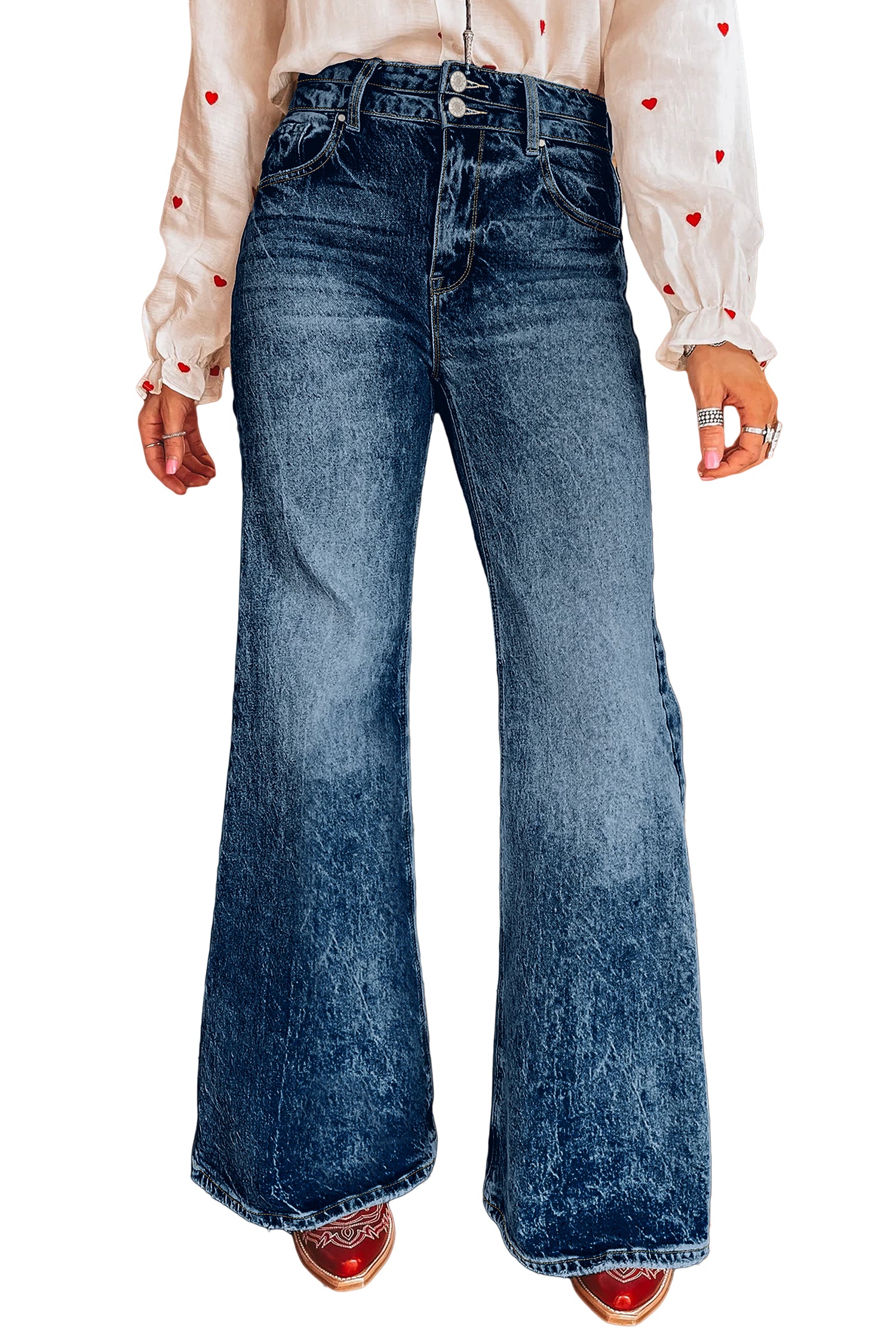 Beau Blue Acid Wash Pocket Detail Flare Jeans