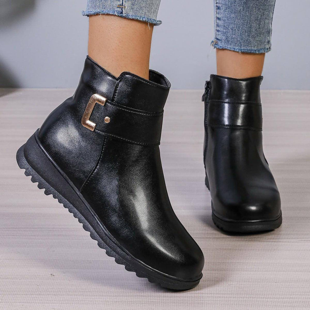 Winter Fleece Boots With Side Zipper Design Fashion Simple Non-slip Ankle Boots For Women Warm Pu Leather Shoes