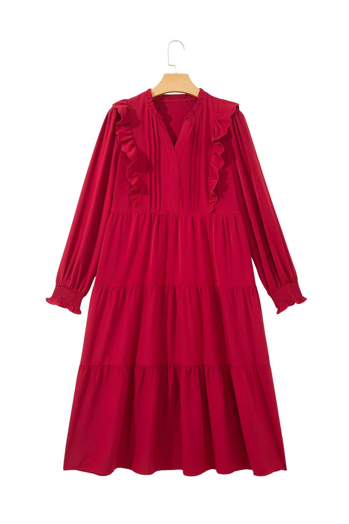 Racing Red Solid Color Ruffle Trim Long Sleeve Tiered Shift Midi Dress