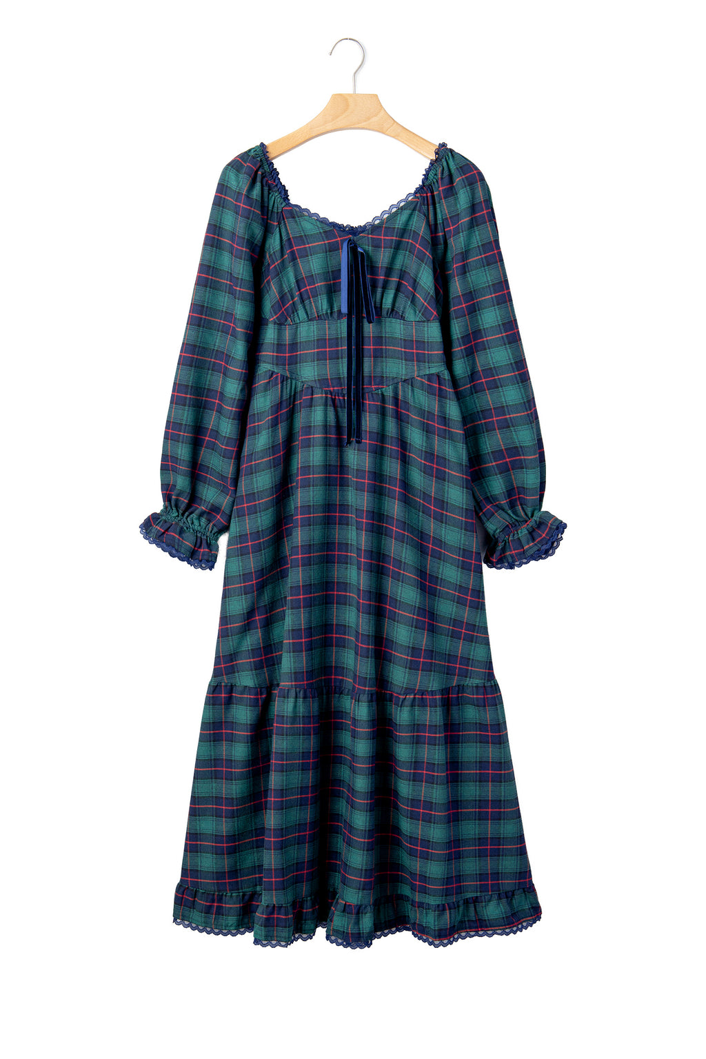 Green Vintage Plaid Square Neck Lace Trim Long Sleeve Shift Dress