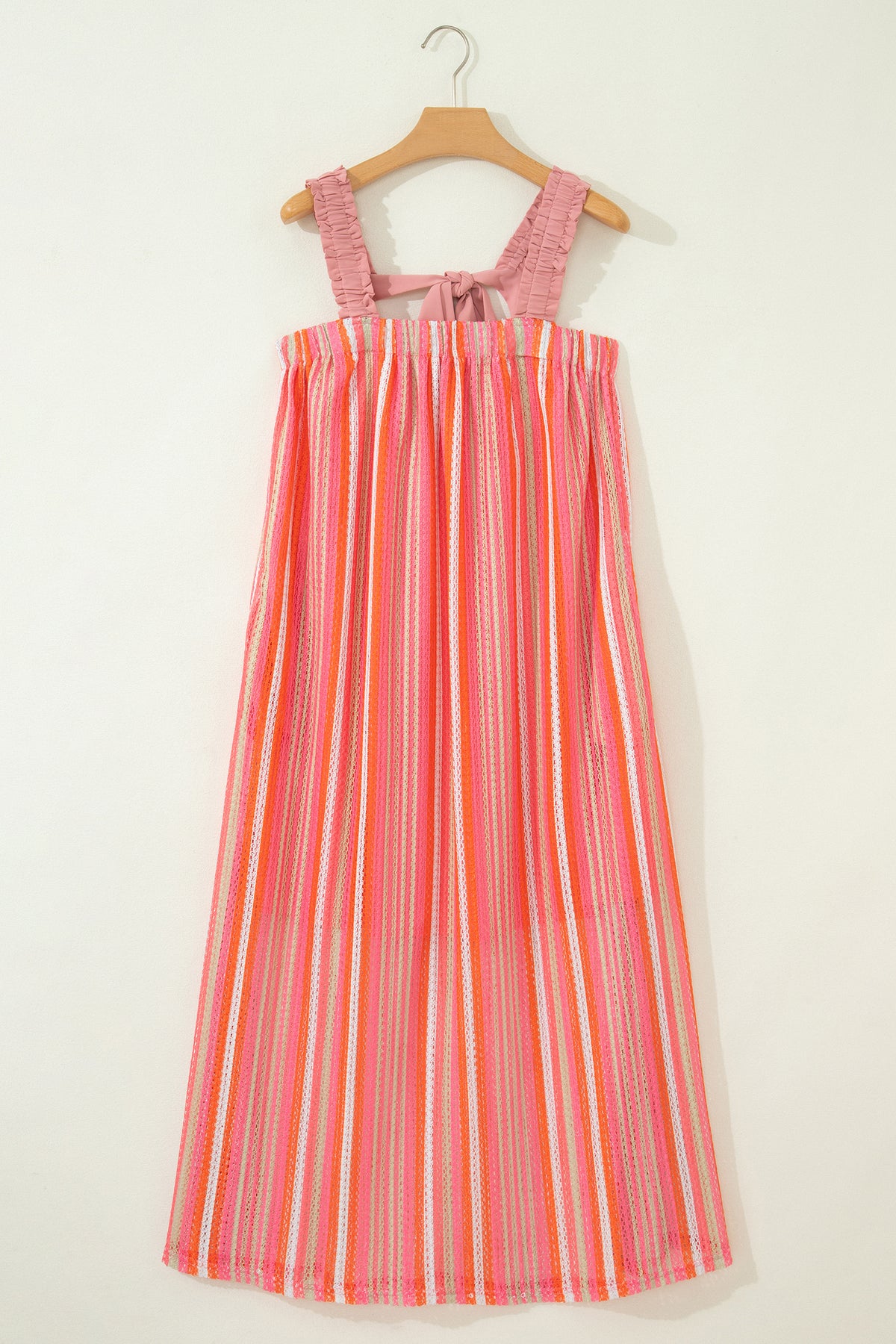 Pink Stripe Ruffled Straps Ribbon Knot Flowy Vacation Maxi Dress