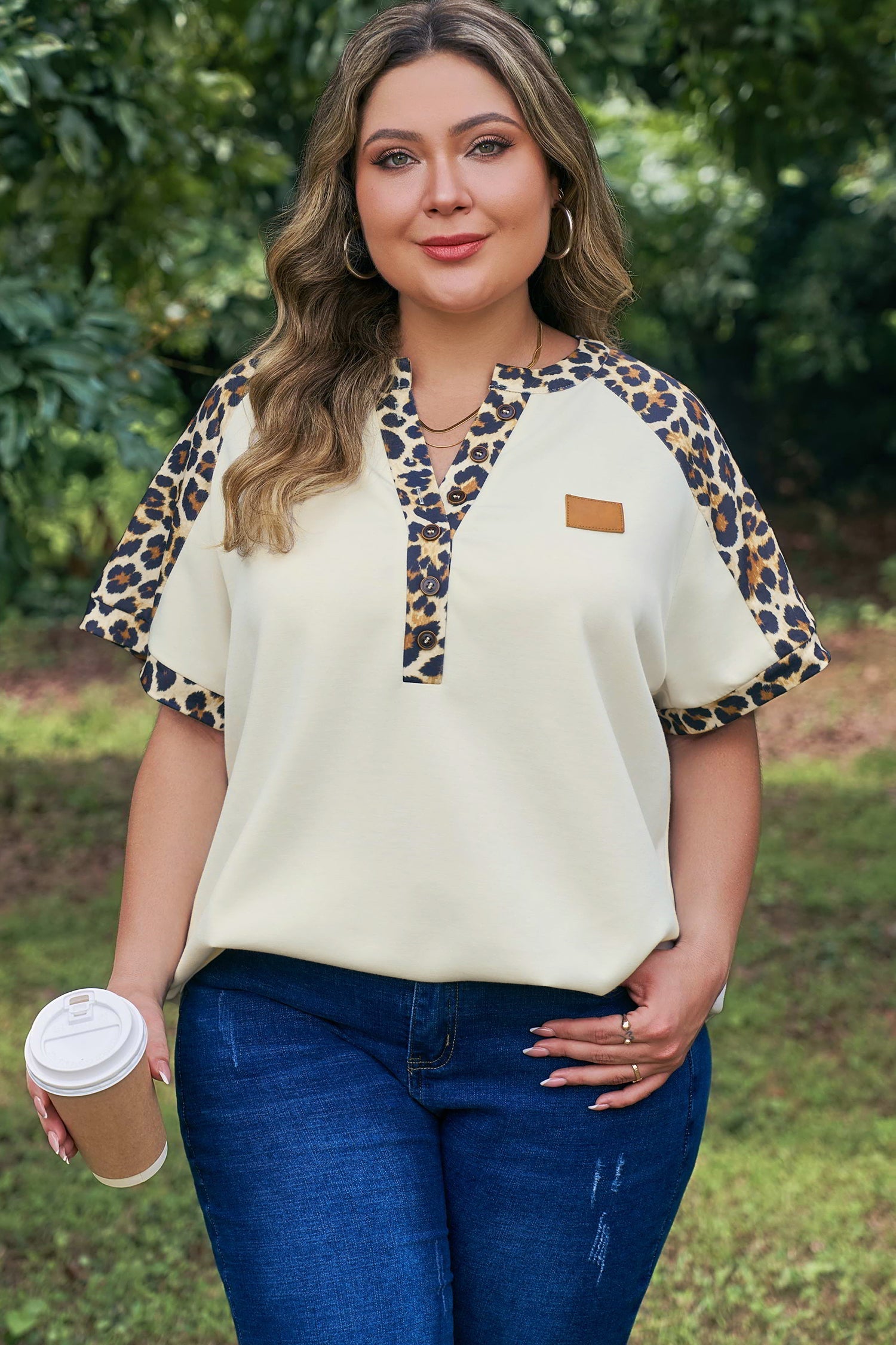 Beige Plus Size Leopard Contrast Patchwork Polo Tee