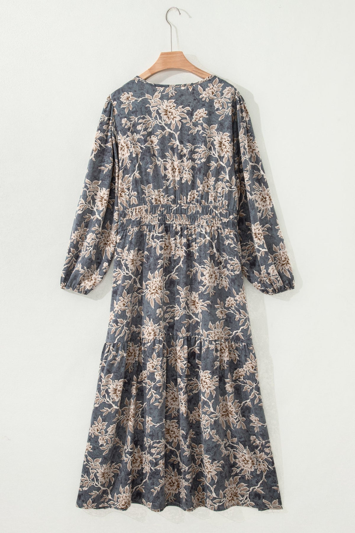 Sky Blue Plus Size Floral Print Split Neck Shirred High Waist Long Sleeve Maxi Dress