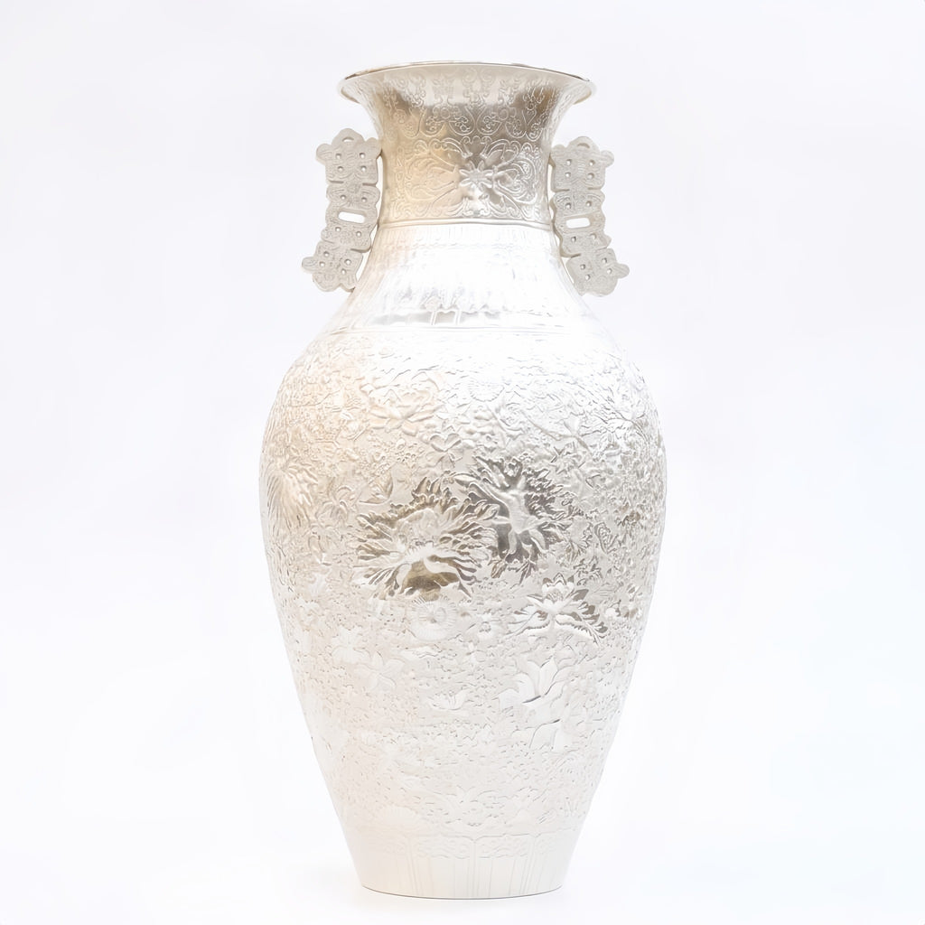 925 Sterling Silver & White Porcelain Dragon Handle Vase with Floral Motifs