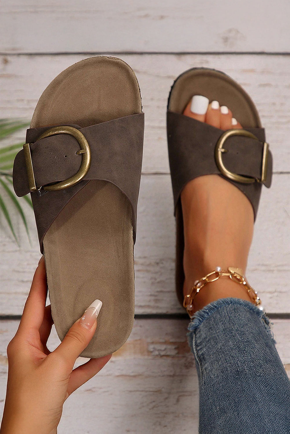 Coffee Buckle Decor Faux Suede Thick Sole Slippers