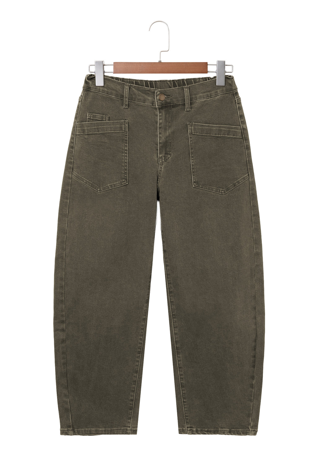 Coffee Solid Color Square Patch Pocket Ankle-length Barrel Jeans
