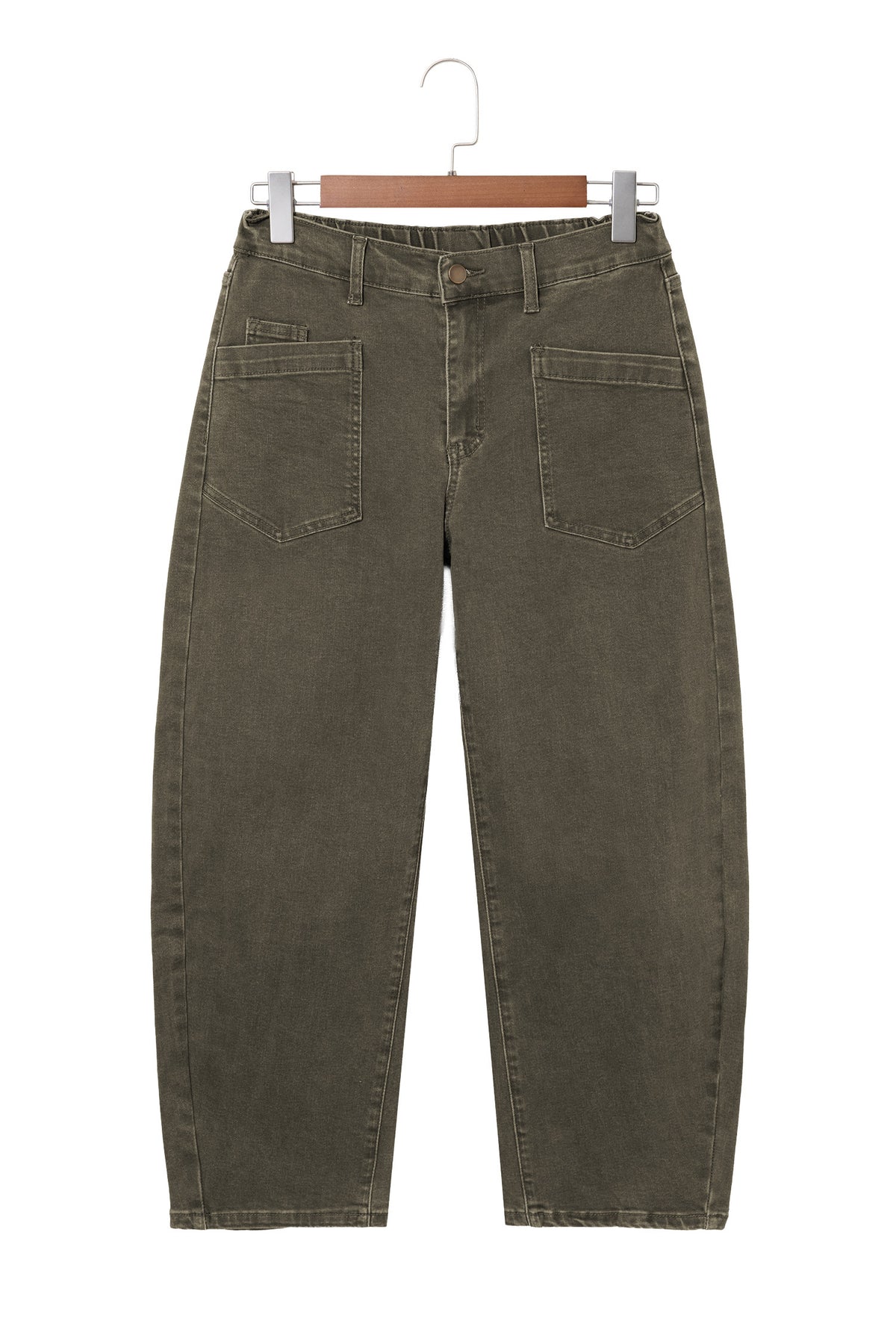 Coffee Solid Color Square Patch Pocket Ankle-length Barrel Jeans