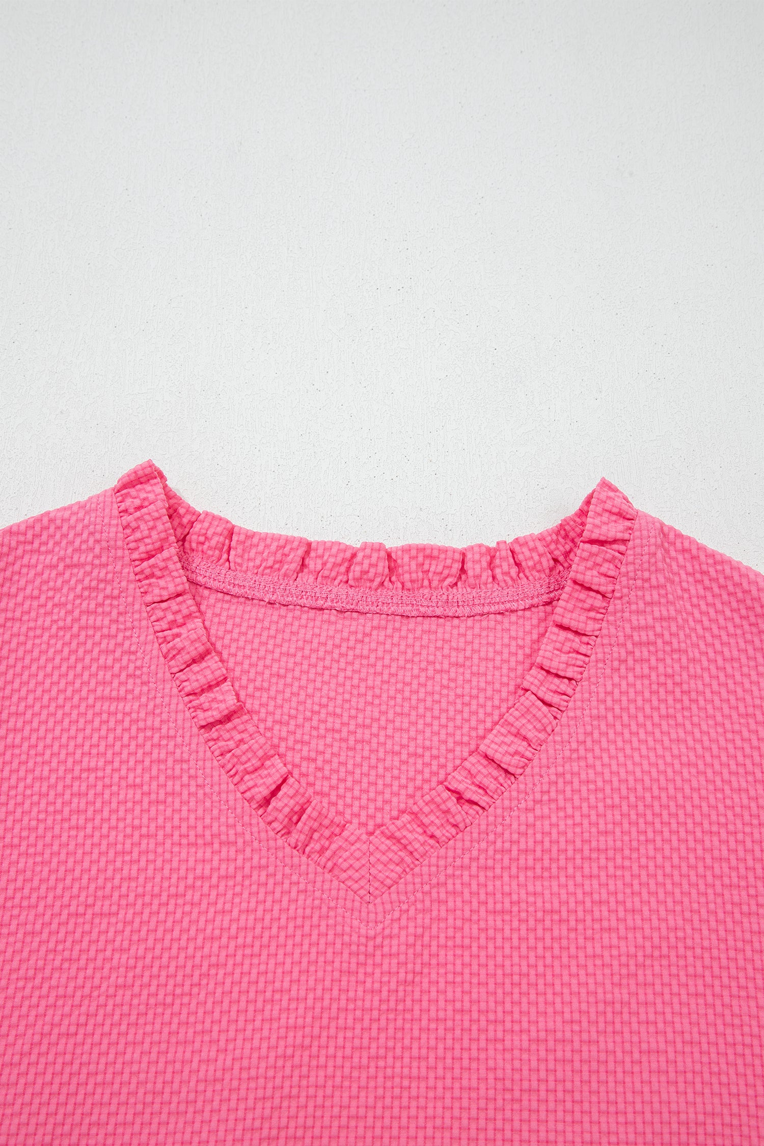 Sachet Pink Frilled V Neck Flower Embroidered Puff Sleeve Textured Blouse