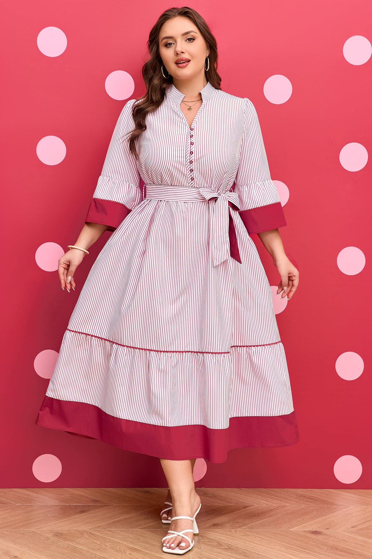 Red Stripe Plus Size Ruffled Hem Pinstriped Midi Dress