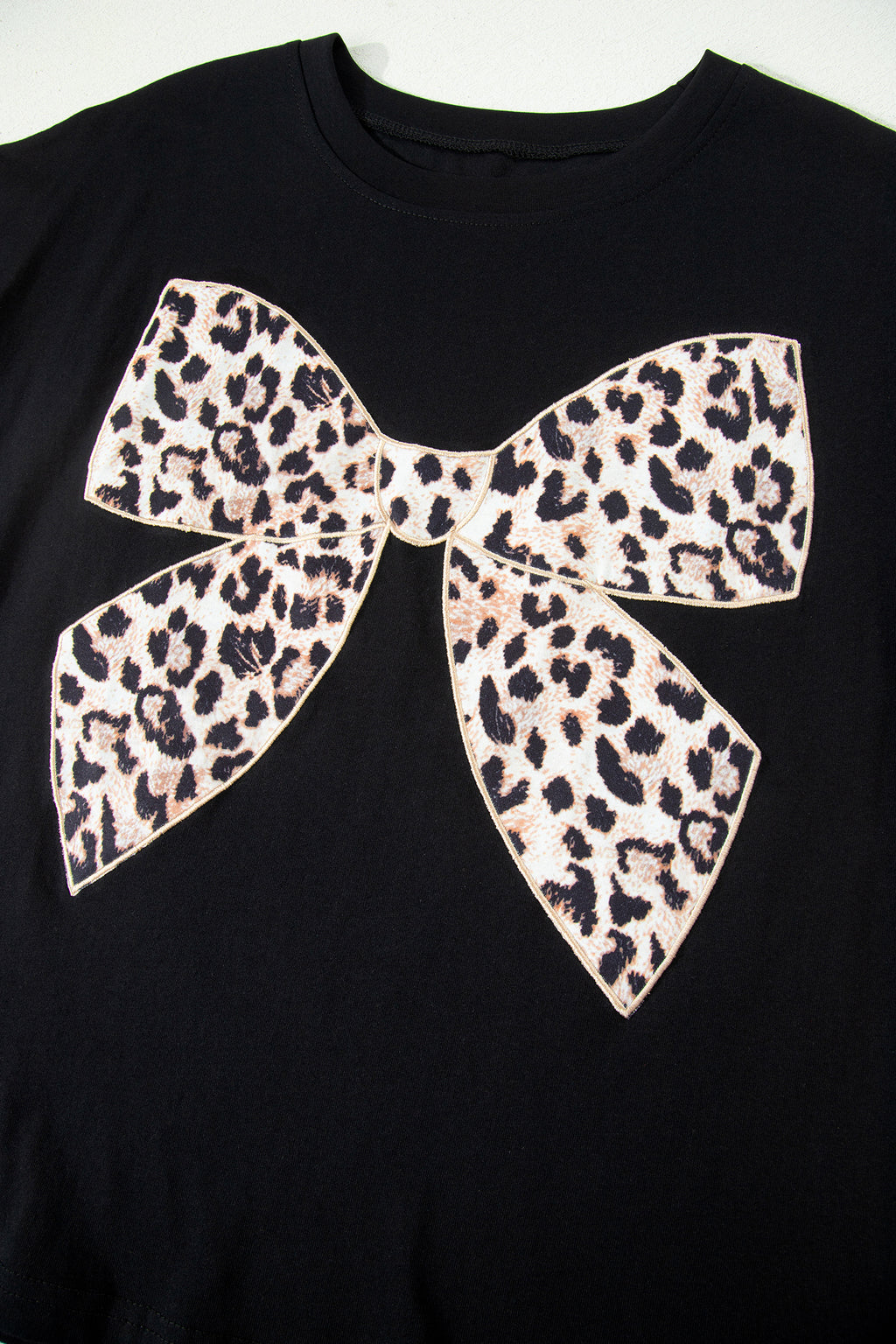 Black Leopard Bow Embroidered Cotton Round Neck T Shirt
