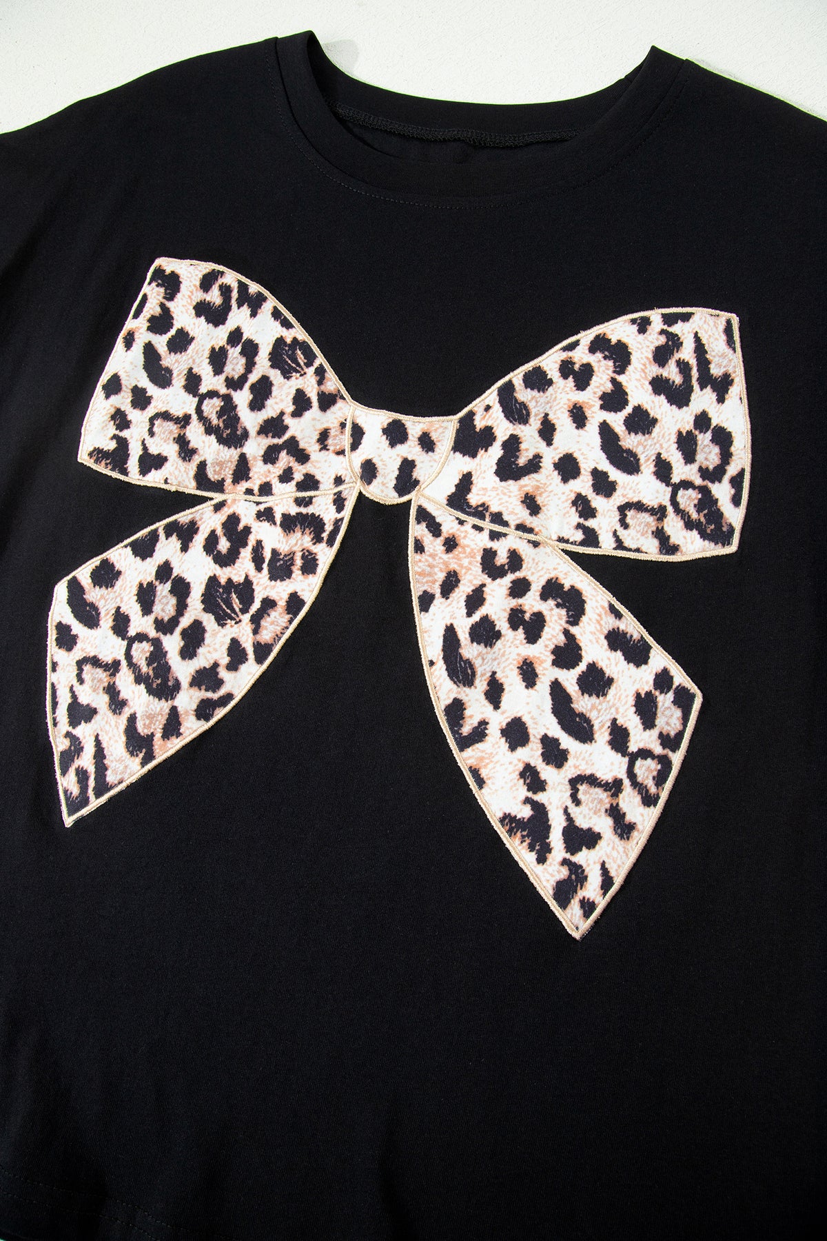 Black Leopard Bow Embroidered Cotton Round Neck T Shirt