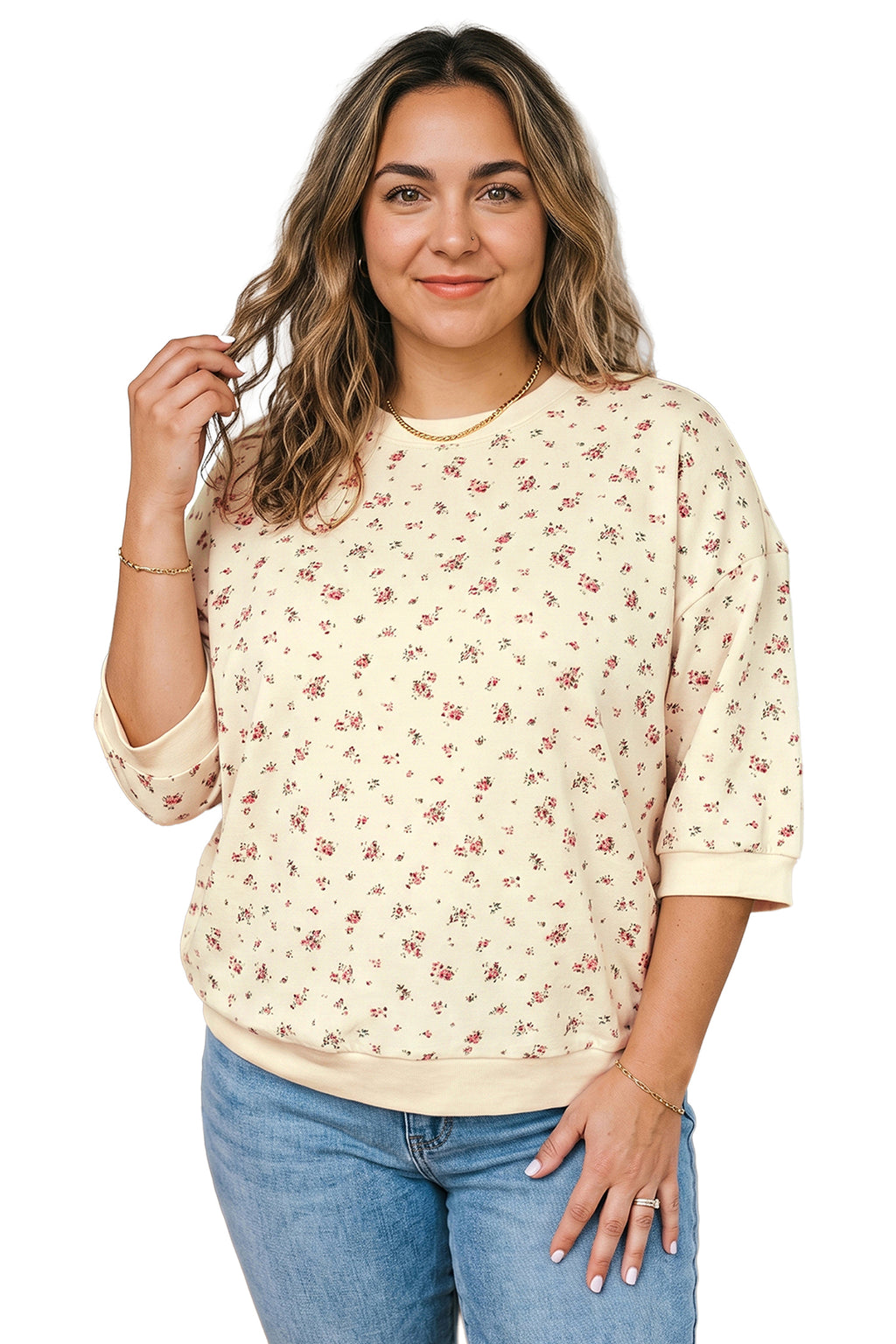 Beige Floral Print Colorblock Cuffs Hem Plus Size Blouse