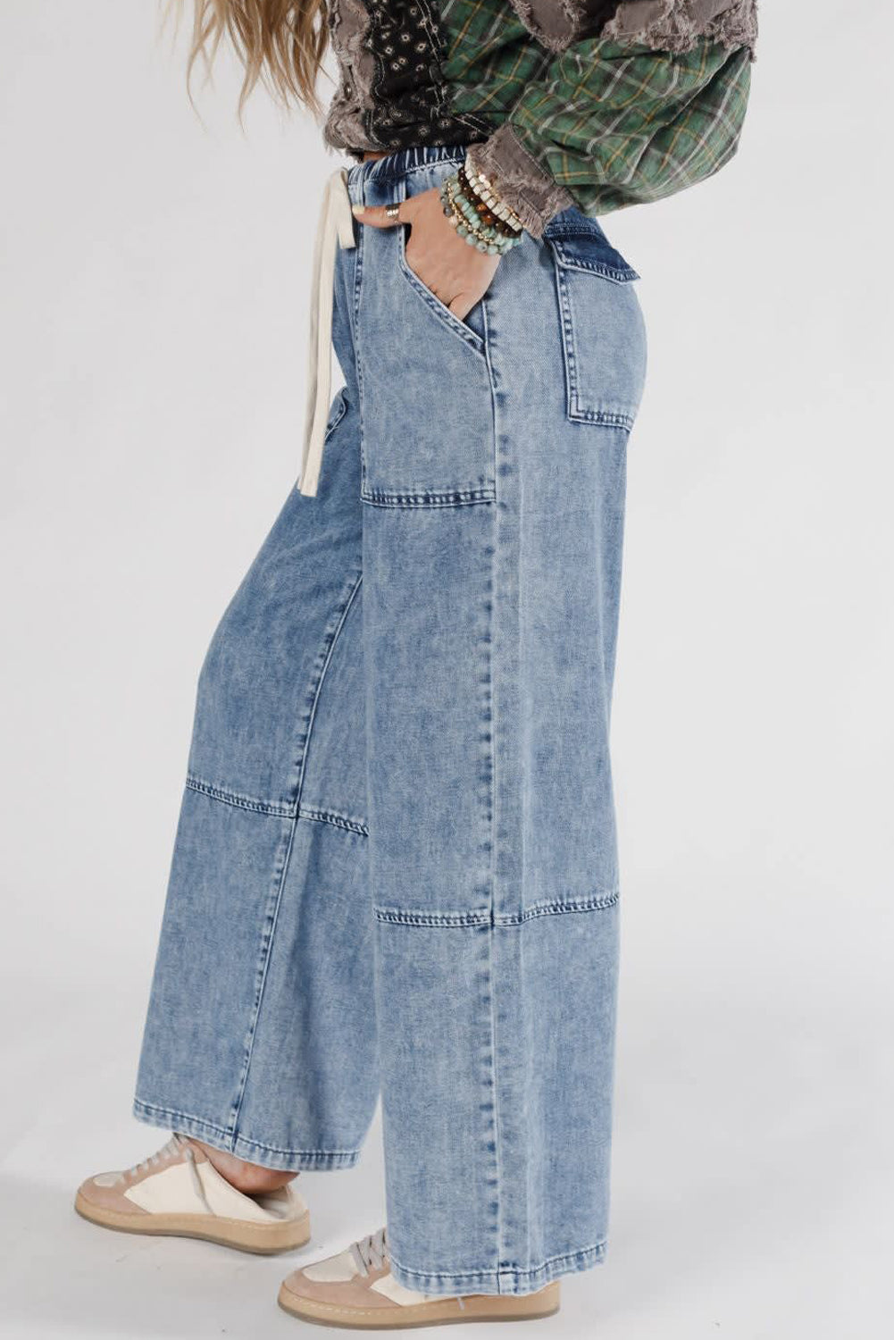 Ashleigh Blue Acid Wash Exposed Seam Drawstring Elastic Waist Barrel Jeans
