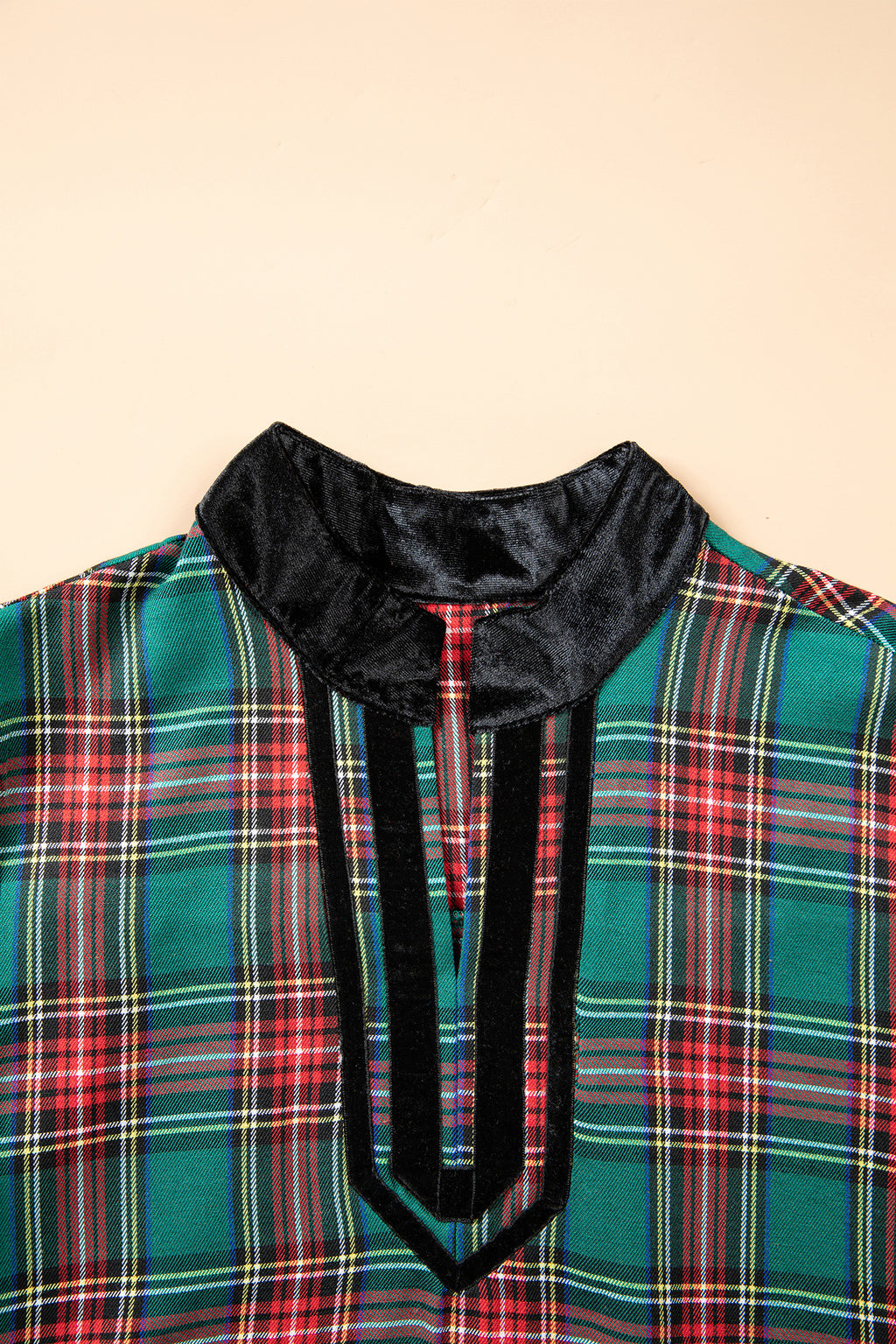 Green Plaid Velvet Trim Pockets Short Shift Dress
