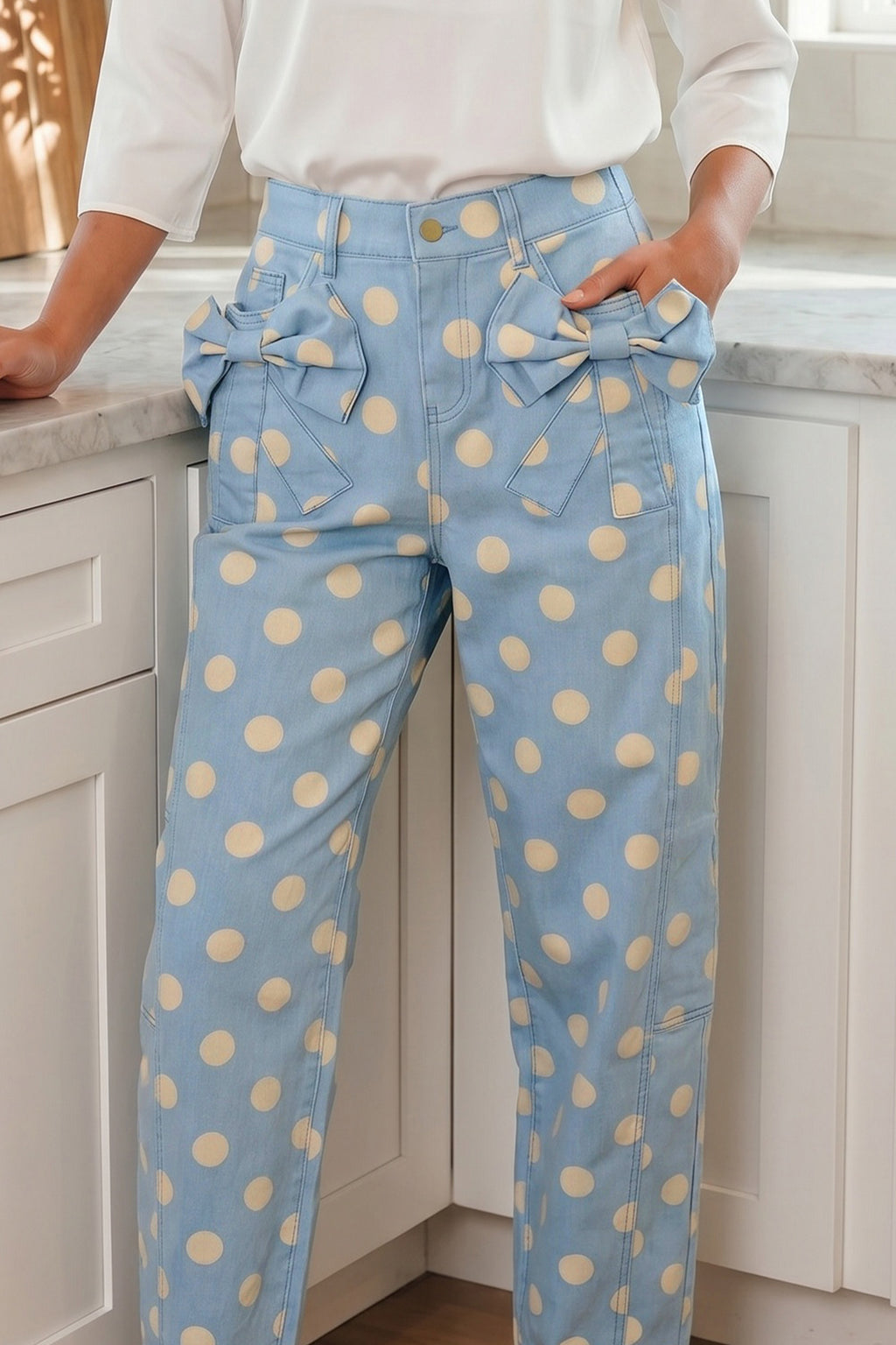 Sky Blue Polka Dot Print Bow Detail Pocketed Barrel Jeans