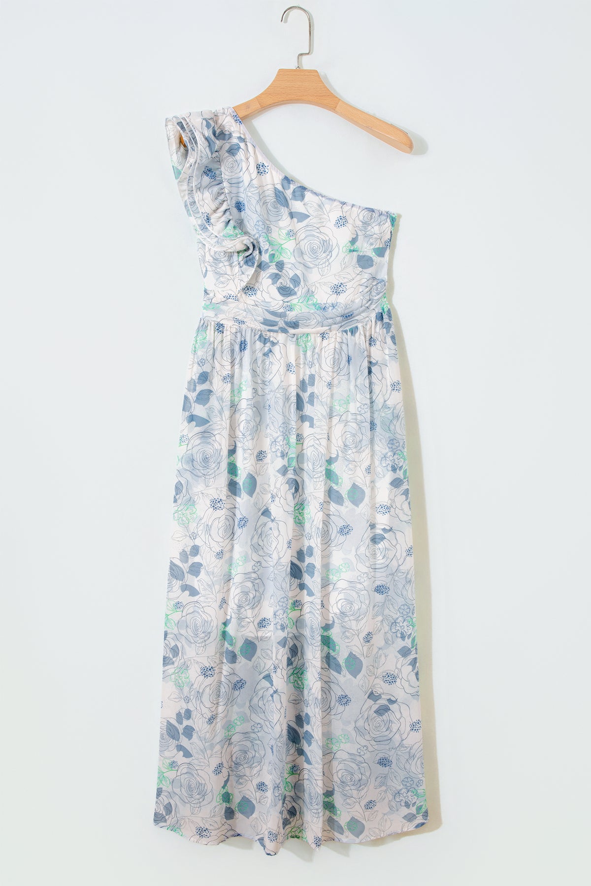Sky Blue Floral Print Ruffled One Shoulder Vacation Maxi Dress