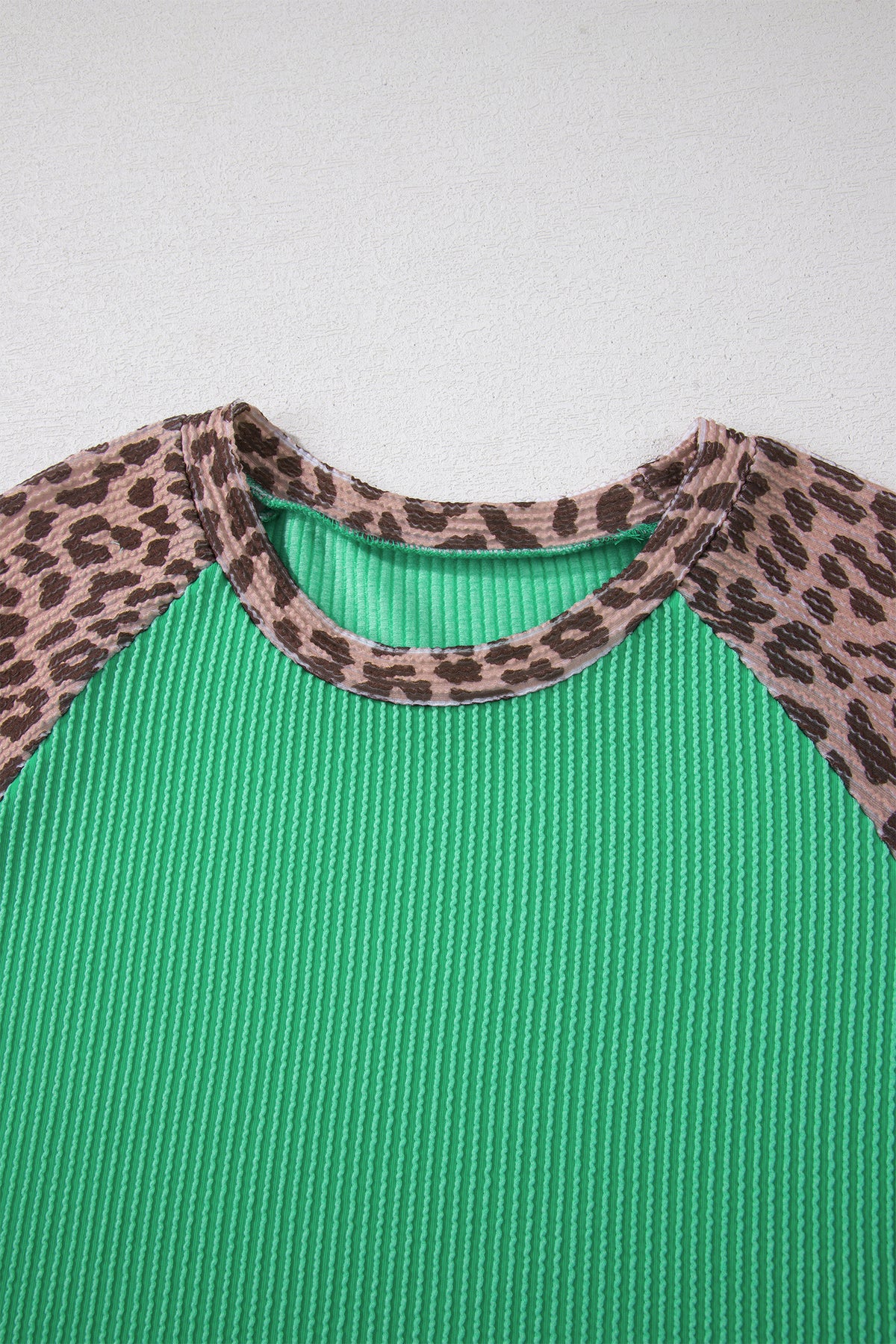 Green Corded Rib Leopard Color Block Patchwork Tunic Tee