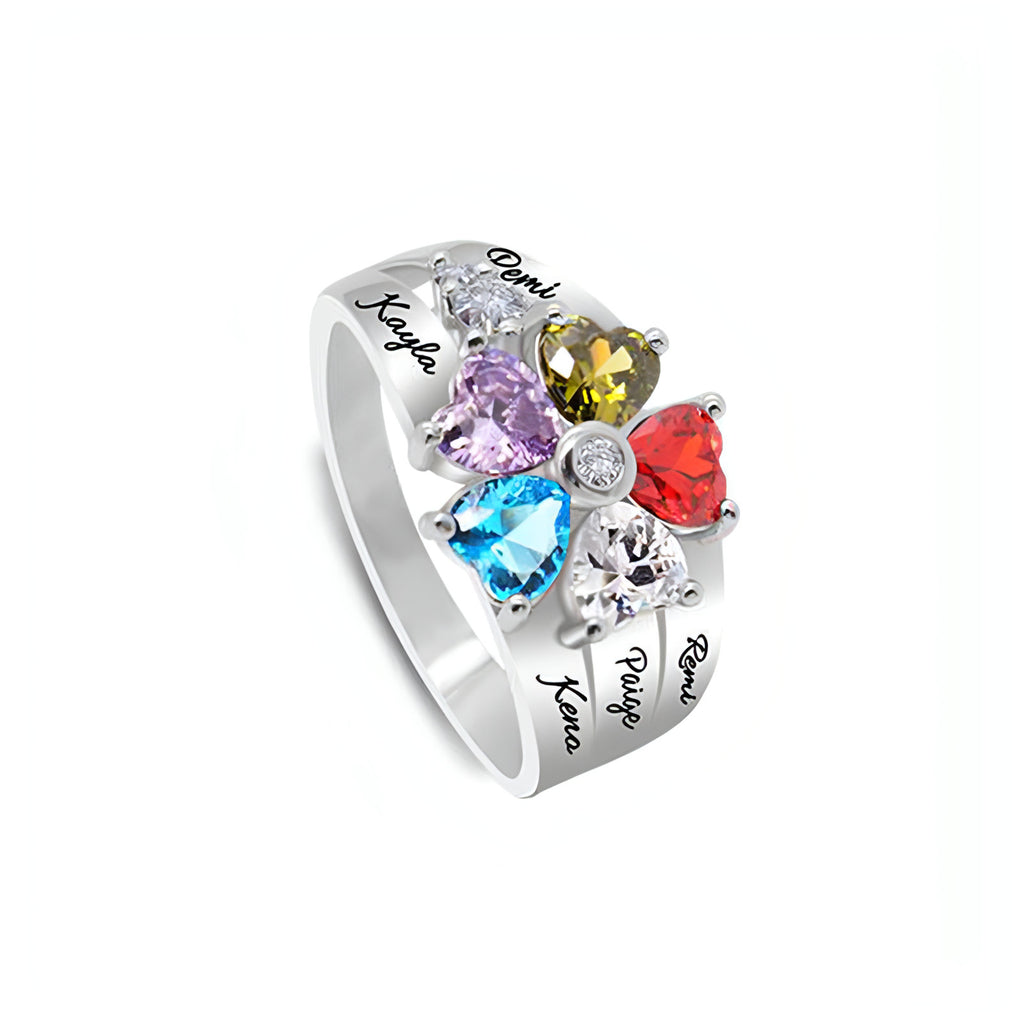 Personalized And Engraved Heart Assortment Birthstones Silver Ring