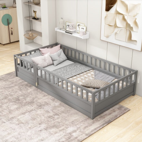 MontessoriPlay™ – Twin Size Wooden Floor Bed with Safety Rails & Door (US Warehouse)