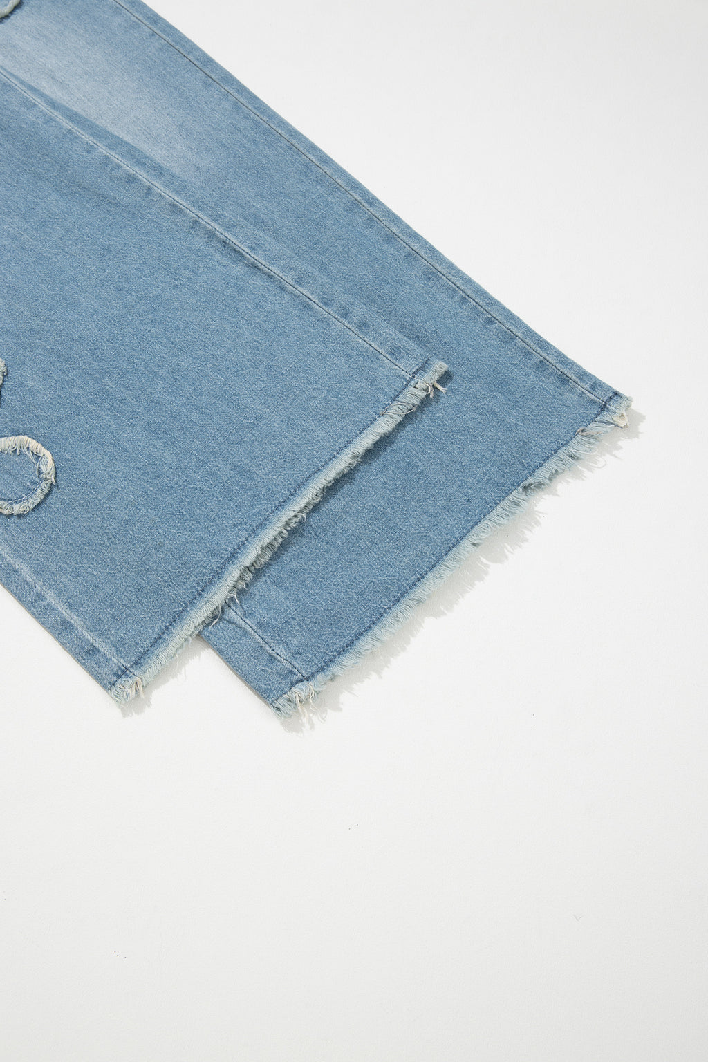 Beau Blue Frayed Floral Patch Wide Leg Raw Hem Wide Leg Jeans