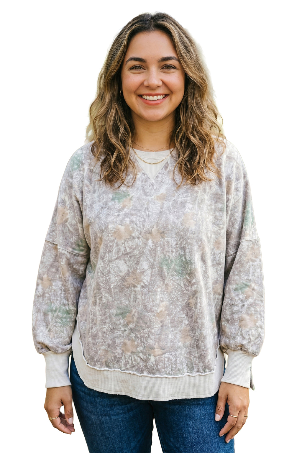 Khaki Camouflage Print Round Neck Long Sleeve Shift Plus Size Sweatshirt