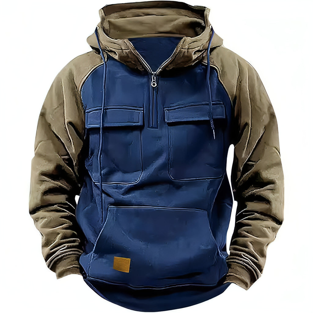 Men's Contrast Color Workwear Hoodie – Fall/Winter Streetwear Style