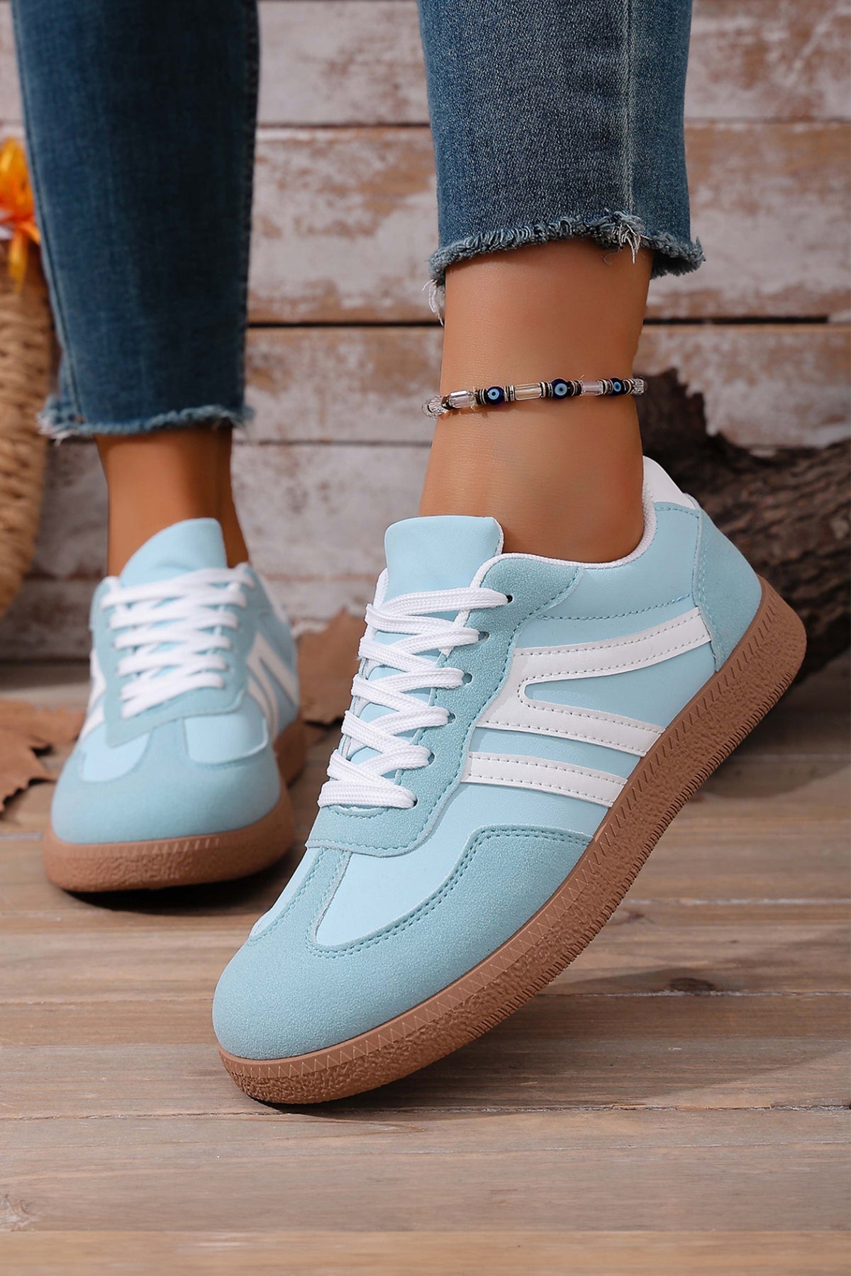 Dusk Blue Faux Suede PU Leather Color Block Patchwork Lace-up Shoes