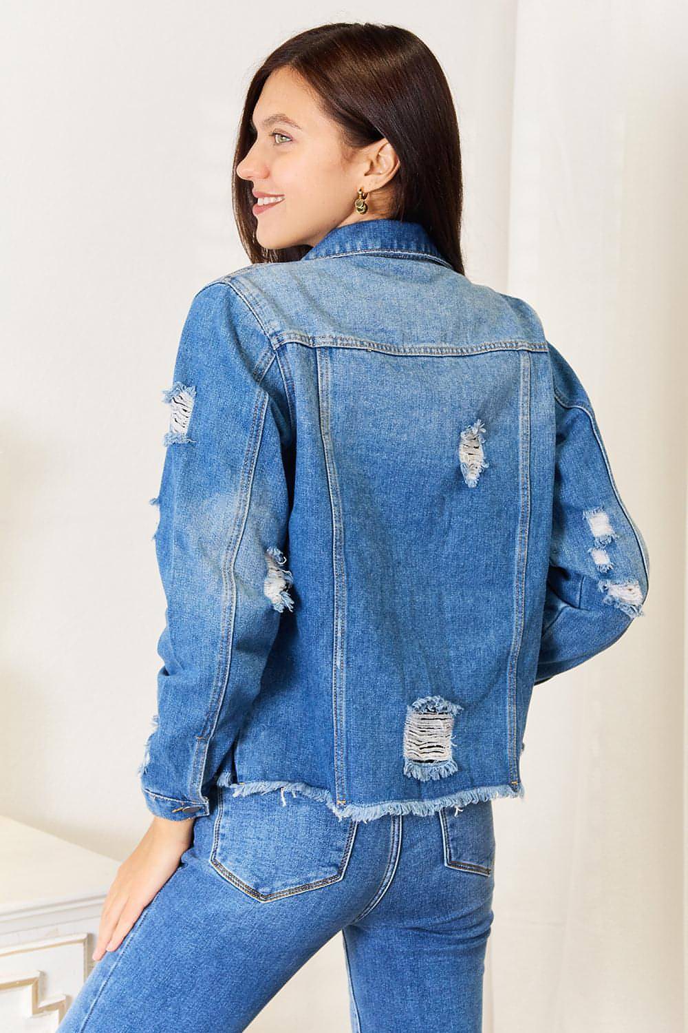 Baeful – Jeansjacke mit Leopardenmuster und Blumenmuster im Used-Look und offenem Saum