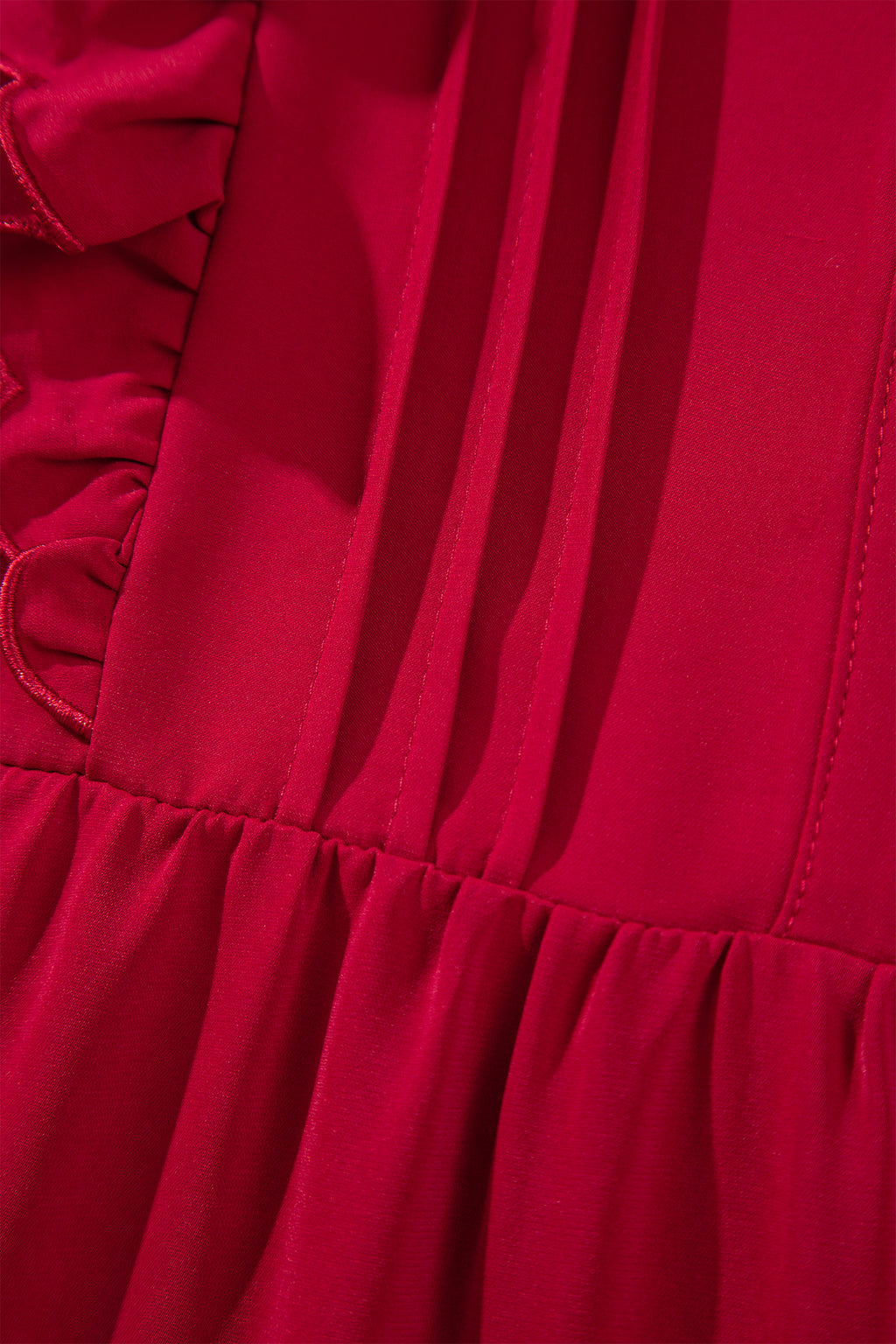 Racing Red Solid Color Ruffle Trim Long Sleeve Tiered Shift Midi Dress