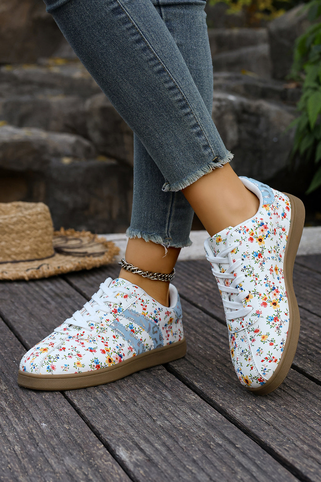 Racing Red Fresh Floral Print Color Block Detail Lace Up Shoes