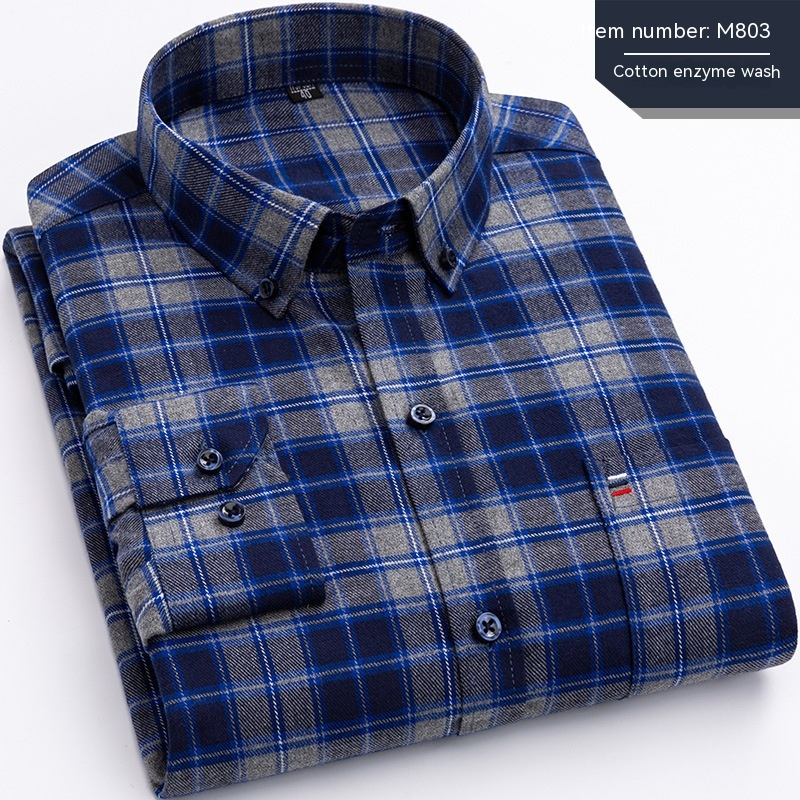 Retro Casual Gebürstete Baumwolle Plaid Enzyme Wash Besticktes Hemd Männer