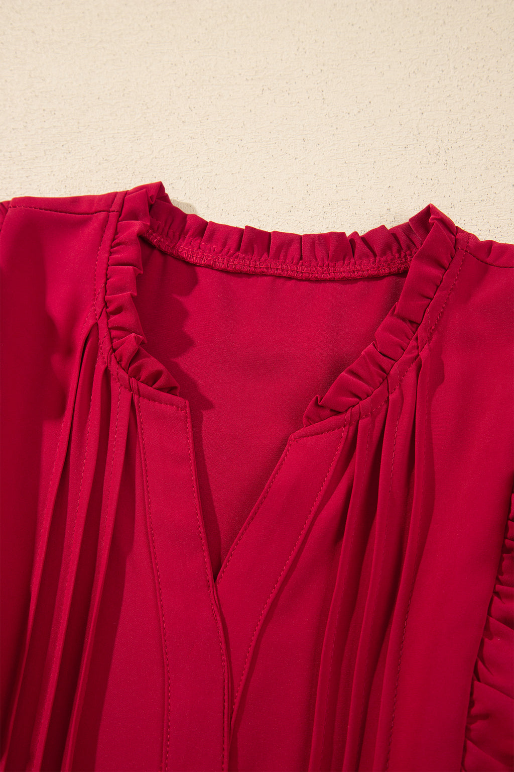 Racing Red Solid Color Ruffle Trim Long Sleeve Tiered Shift Midi Dress